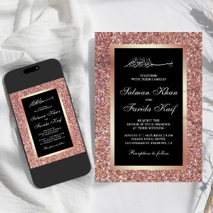 Rose Gold Glitter Black Islamic Muslim Wedding Invitation