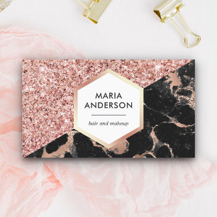 Rose Gold Glitter Black Marble Makeup Artist Business Card