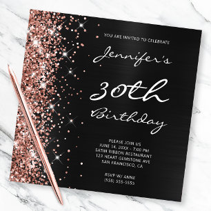 Rose Gold Glitter Black Ombre Foil 30th Birthday Invitation
