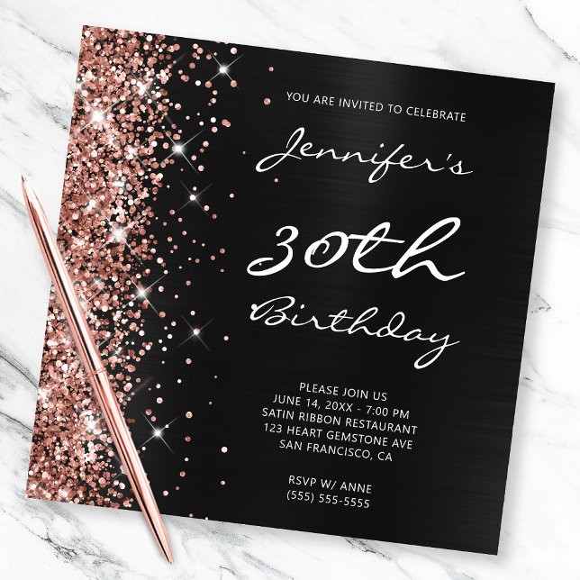 Rose Gold Glitter Black Ombre Foil 30th Birthday Invitation (Creator Uploaded)