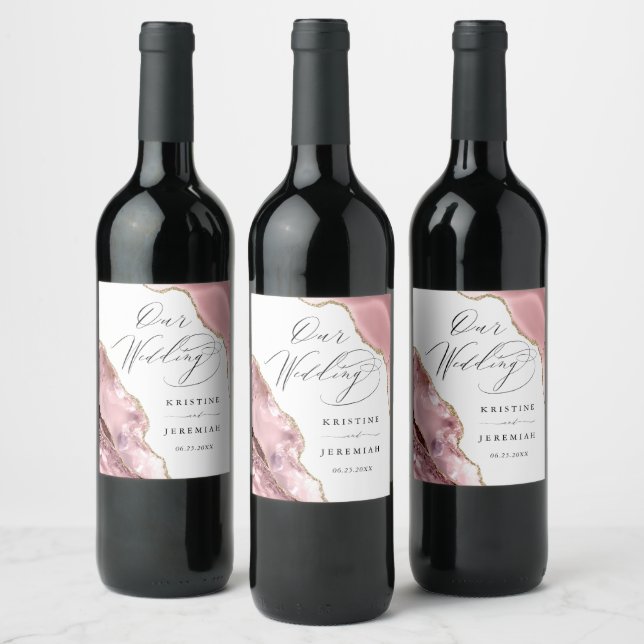 Rose Gold Glitter Black Script Luxury Wedding Wine Wine Label (Bottles)