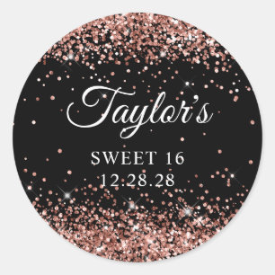 Rose Gold Glitter Black Sweet 16 Classic Round Sticker