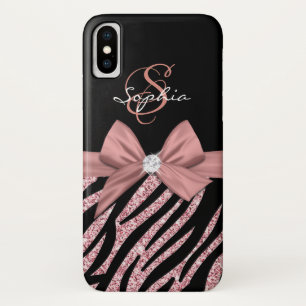 Rose Gold Glitter Black Zebra Stripes Bow Monogram Case-Mate iPhone Case