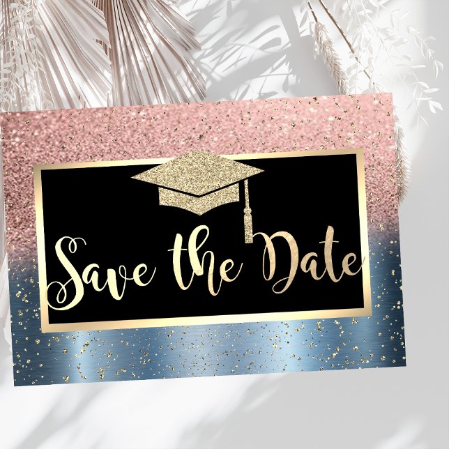 Rose Gold Glitter Blue Graduation Save The Date (Creator Uploaded)