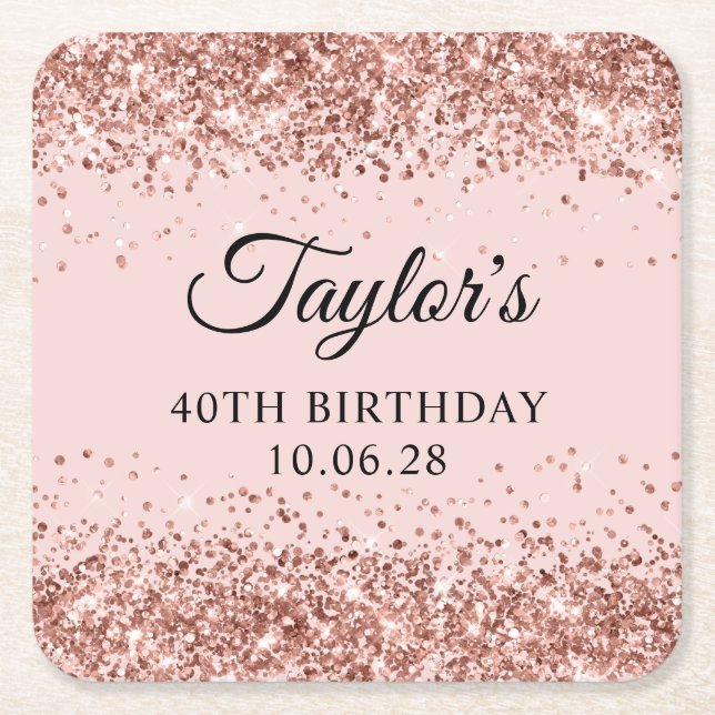 Rose Gold Glitter Blush 40th Birthday Square Paper Coaster (Front)