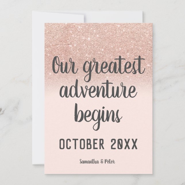 Rose gold glitter blush adventure photo pregnancy announcement (Front)