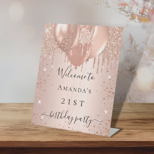 Rose gold glitter blush birthday party welcome pedestal sign