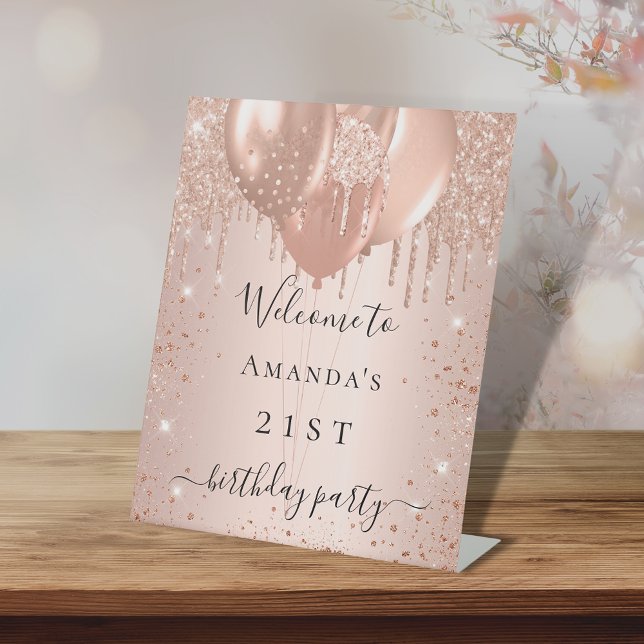 Rose gold glitter blush birthday party welcome pedestal sign (Creator Uploaded)