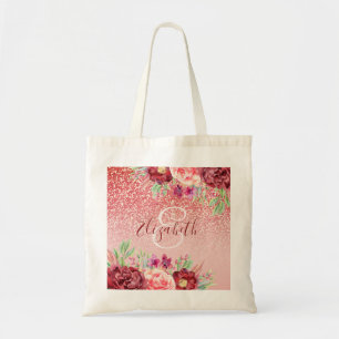 Rose Gold Glitter Blush Burgundy Floral Monogram Tote Bag