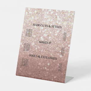Rose Gold Glitter Blush Hair Makeup Salon Price Pedestal Sign