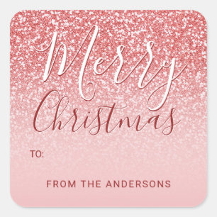 Rose Gold Glitter Blush Ombre Merry Christmas Gift Square Sticker
