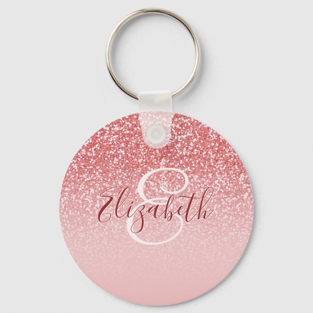 Rose Gold Glitter Blush Ombre Monogram Key Ring (Front)