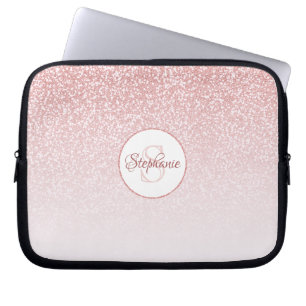 Rose Gold Glitter Blush Ombre Round Monogram Laptop Sleeve