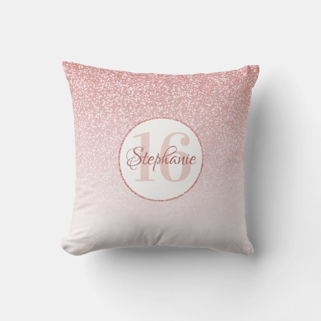Rose Gold Glitter Blush Ombre Sweet 16 Birthday Cushion (Front)