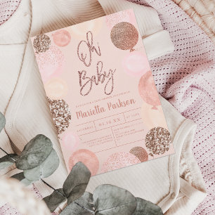Rose gold glitter blush pink balloons baby shower invitation