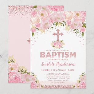 Rose Gold Glitter Blush Pink Floral Girl Baptism Invitation