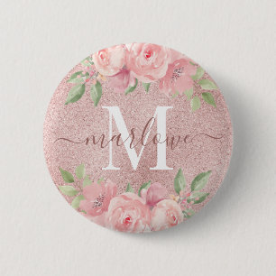 Rose Gold Glitter Blush Pink Floral Monogram 6 Cm Round Badge