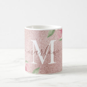 Rose Gold Glitter Blush Pink Floral Monogram Coffee Mug