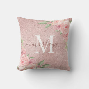 Rose Gold Glitter Blush Pink Floral Monogram Cushion