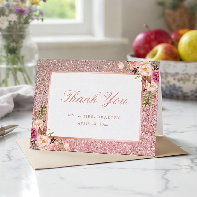 Rose Gold Glitter Blush Pink Floral Thank You Card (Creator Uploaded)