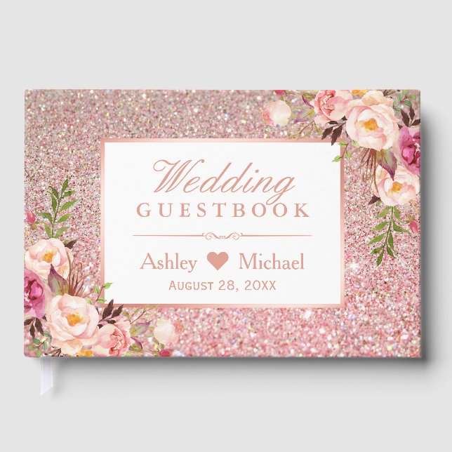 Rose Gold Glitter Blush Pink Floral Wedding Guest Book (Front)