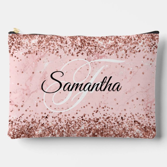 Rose Gold Glitter Blush Pink Marble Fancy Monogram Accessory Pouch (Front)