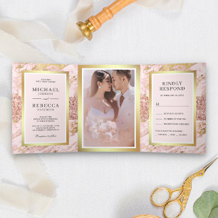 Rose Gold Glitter Blush Pink Marble Photo Wedding Tri-Fold Invitation