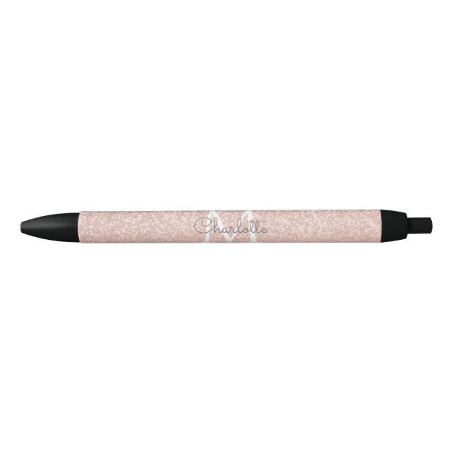Rose Gold Glitter Blush Pink Monogram Script Black Ink Pen (Front)