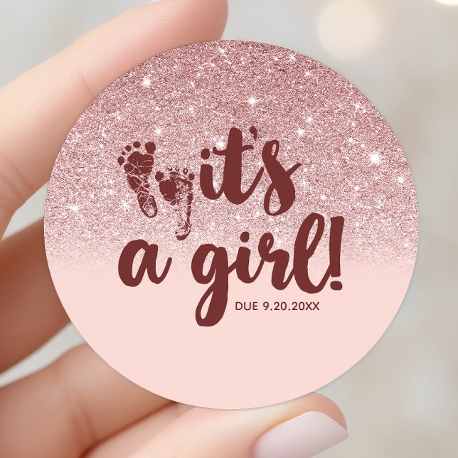 Rose Gold Glitter Blush Pink Ombre Its A Girl Baby Classic Round Sticker (Creator Uploaded)