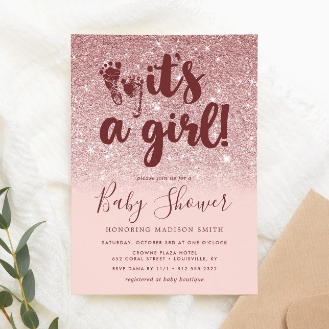 Rose Gold Glitter Blush Pink Ombre Its A Girl Baby Invitation (Creator Uploaded)
