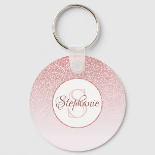 Rose Gold Glitter Blush Pink Ombre Monogram Key Ring