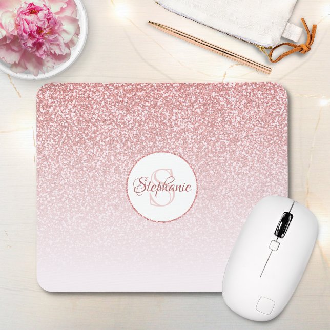 Rose Gold Glitter Blush Pink Ombre Monogram Mouse Pad (Creator Uploaded)