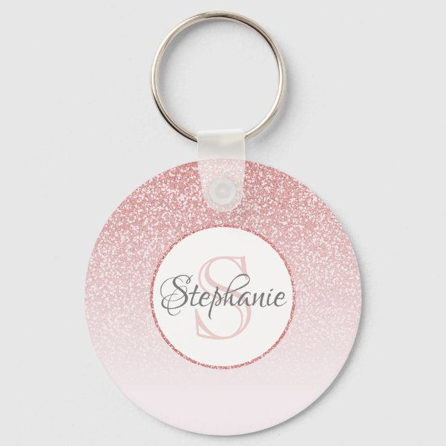 Rose Gold Glitter Blush Pink Ombre Personalized Key Ring (Front)