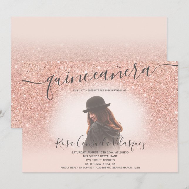 Rose gold glitter blush pink quinceanera photo invitation (Front/Back)