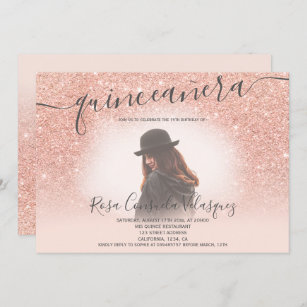 Rose gold glitter blush pink quinceanera photo invitation