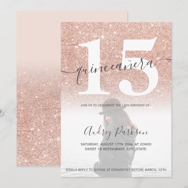 Rose gold glitter blush pink quinceanera photo invitation (Front/Back)