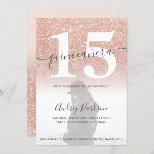 Rose gold glitter blush pink quinceanera photo invitation