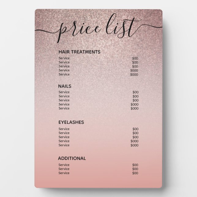 Rose Gold Glitter Blush Pink Salon Price List Menu Plaque (Front)
