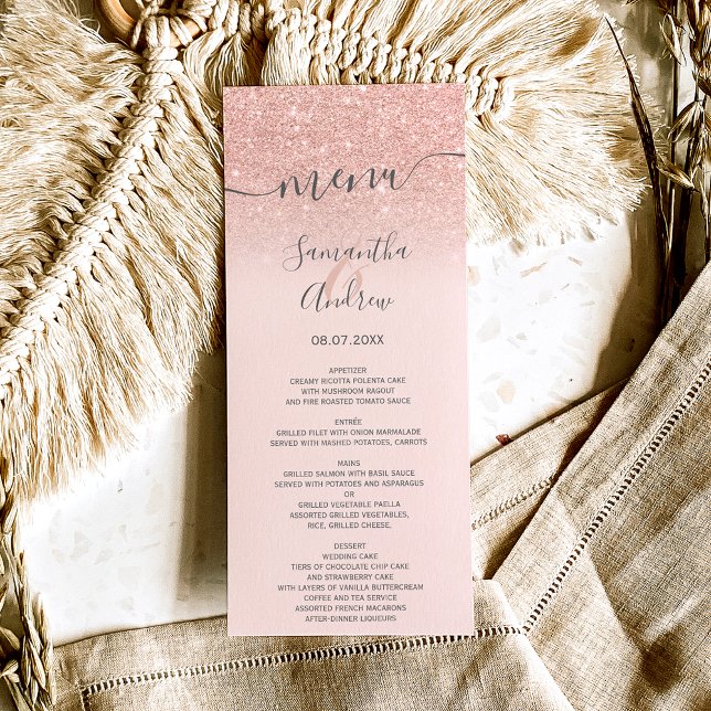 Rose gold glitter blush pink script wedding menu (Creator Uploaded)