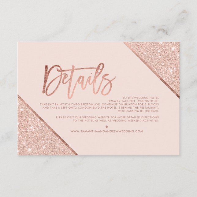 Rose gold glitter blush script wedding directions enclosure card (Front)