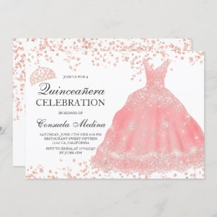 Rose gold glitter blush tiara dress Quinceañera Invitation