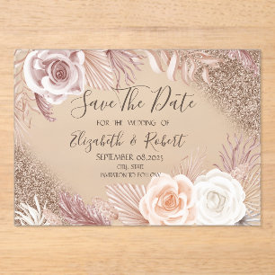 Rose Gold Glitter Boho Flowers Ombre Save The Date Acrylic Invitations