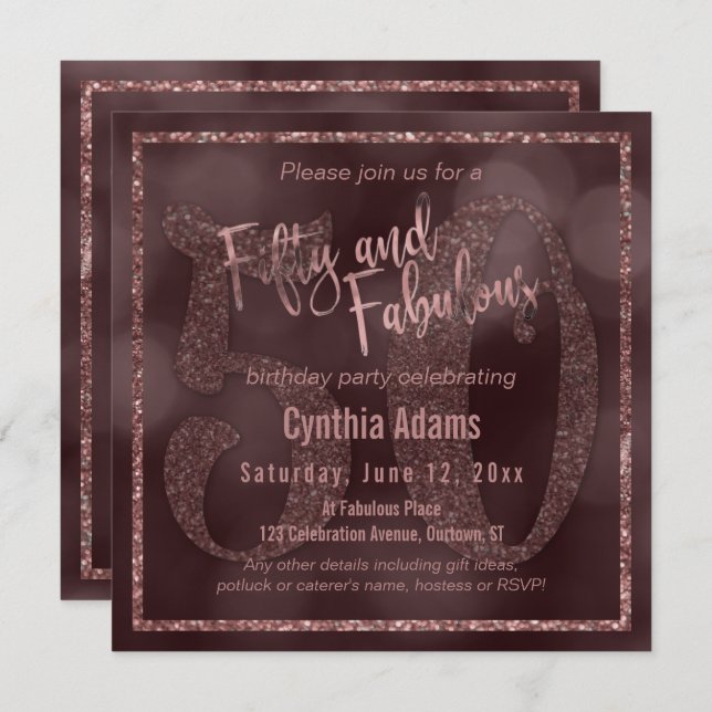 Rose Gold Glitter & Bokeh 50 & Fabulous Typography Invitation (Front/Back)
