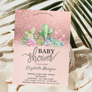 Rose Gold Glitter Bokeh, Cactus Baby Shower  Invitation