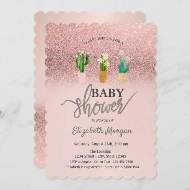 Rose Gold Glitter Bokeh,Cactus Plants Baby Shower  Invitation (Front/Back)