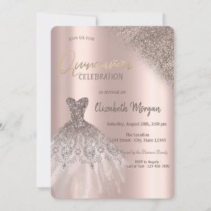 Rose Gold Glitter Bokeh Dress Quinceañera Invitation
