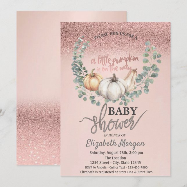 Rose Gold Glitter Bokeh,Leaves Pumpkin Baby Shower Invitation (Front/Back)