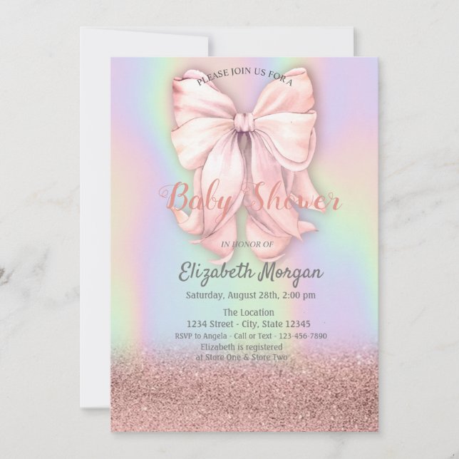 Rose Gold Glitter Bokeh, Pink Bow Holographic Invitation (Front)