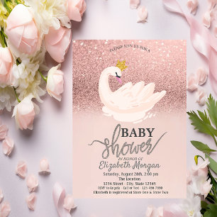 Rose Gold Glitter Bokeh,Swan Baby Shower  Invitation