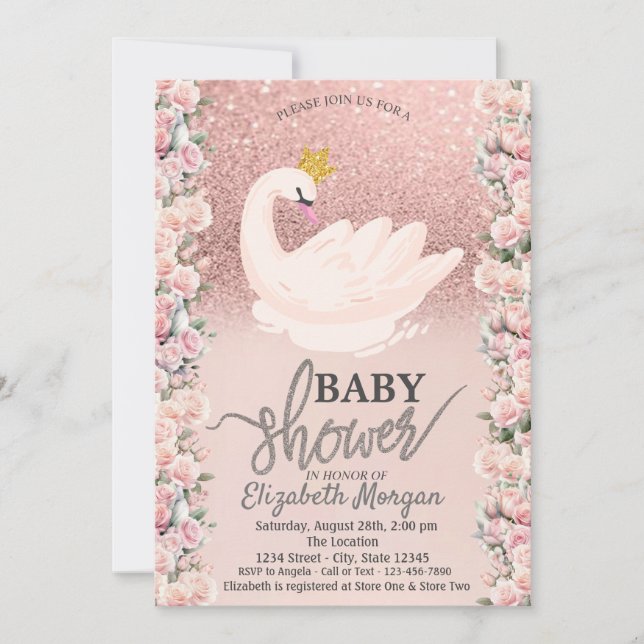 Rose Gold Glitter Bokeh,Swan Roses Baby Shower  Invitation (Front)